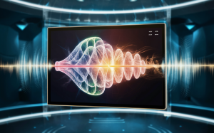 A stunning 3D render of a vocal chord synthesis display. The screen shows an intricate, colorful diagram of the vocal cords, with a vibrant energy flowing through them as sound waves radiate outward. The background is a futuristic, dark blue room with holographic projections and glowing controls, giving off a sense of advanced technology and scientific exploration., 3d render